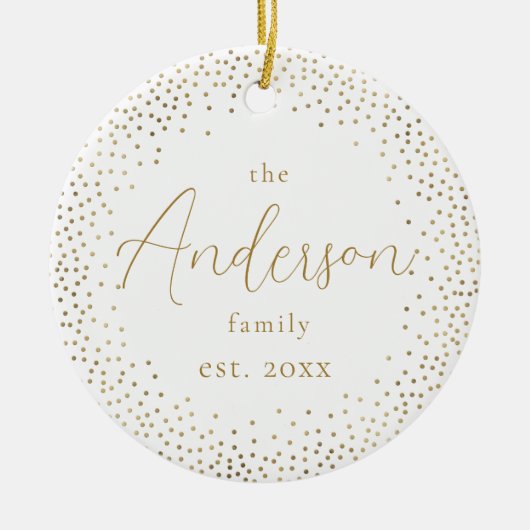 金ゴールドグリッターカスタムファミリー名スクリプトクリスマス セラミックオーナメント (正面)