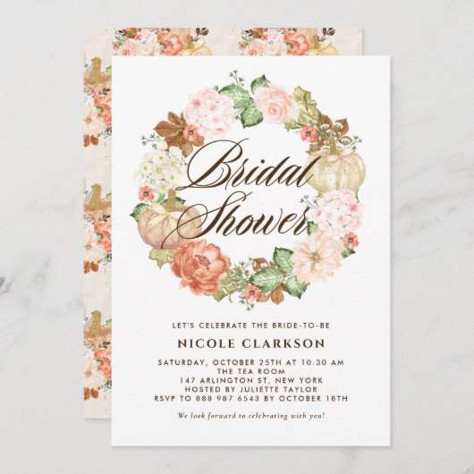 金ゴールドグリッターカボチャリース秋ブライダルシャワー 招待状 (正面/裏面)