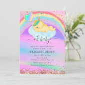 金ゴールドグリッターカラフル眠る一角獣ベビーシャワー 招待状 (スタンド正面)