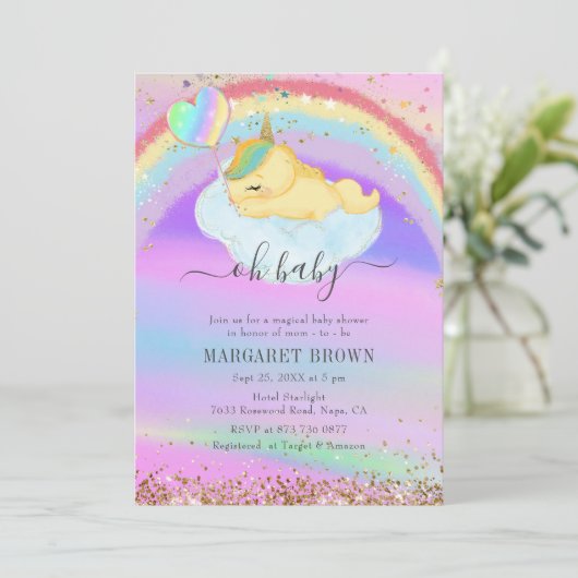 金ゴールドグリッターカラフル眠る一角獣ベビーシャワー 招待状 (スタンド正面)