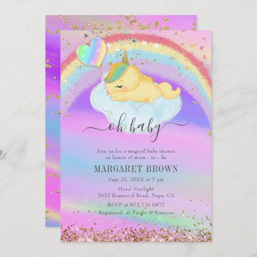 金ゴールドグリッターカラフル眠る一角獣ベビーシャワー 招待状 (正面/裏面)
