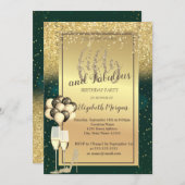 金ゴールドグリッターガラス、バルーン緑50誕生日 招待状 (正面/裏面)