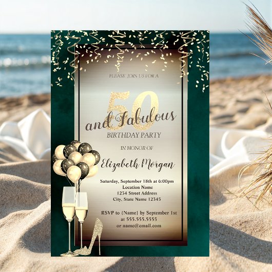 金ゴールドグリッターガラス、バルーン緑50誕生日 招待状