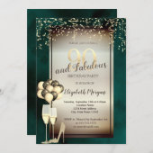 金ゴールドグリッターガラス、バルーン緑90誕生日 招待状 (正面/裏面)