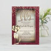 金ゴールドグリッターガラス、バルーン赤50誕生日 招待状 (スタンド正面)