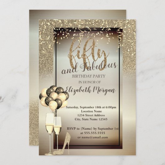 金ゴールドグリッターガラス、バルーン50th誕生日パーティー 招待状 (正面/裏面)