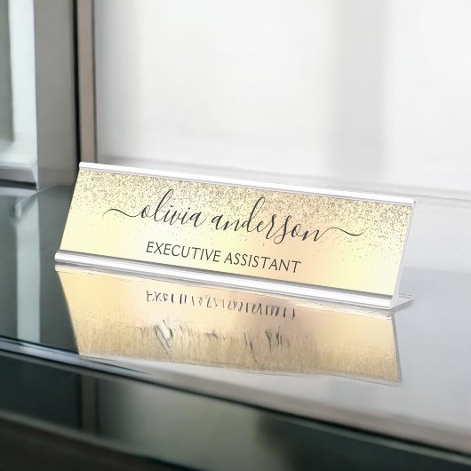 金ゴールドグリッターガーリーラグジュアリモダンーモノグラム名 デスクネームプレート