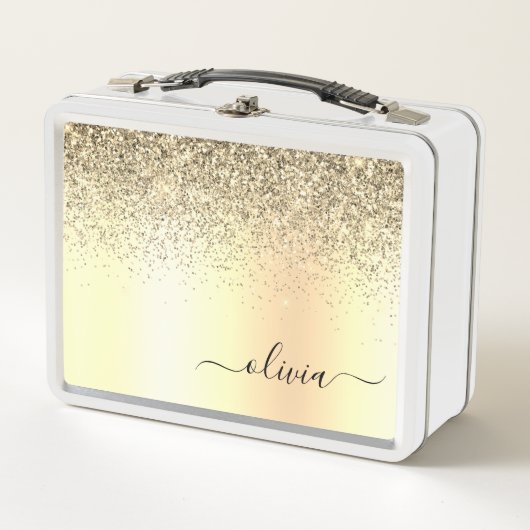 金ゴールドグリッターガーリーラグジュアリモダンーモノグラム名 メタルランチボックス (正面)