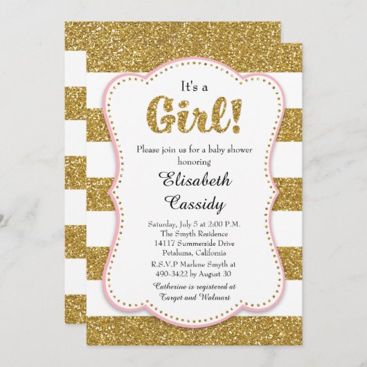金ゴールドグリッターガールベビーシャワー招待状 招待状 (正面/裏面)