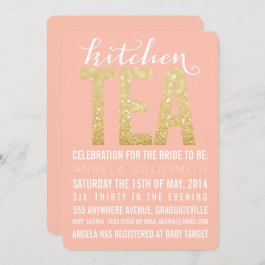 金ゴールドグリッターキッチンティーシャワーパーティの招待状 招待状 (正面/裏面)