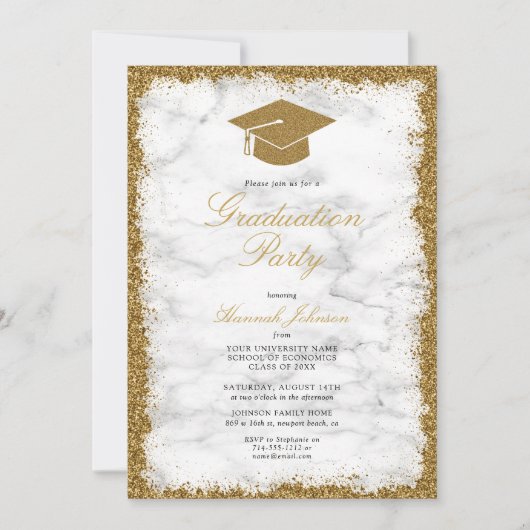 金ゴールドグリッターキャップ大理石写真卒業パーティー 招待状 (正面)