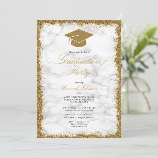 金ゴールドグリッターキャップ大理石写真卒業パーティー 招待状 (スタンド正面)