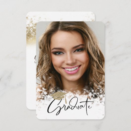 金ゴールドグリッターキャップ、《写真》ぼけ味写真の卒業 招待状 (正面/裏面)