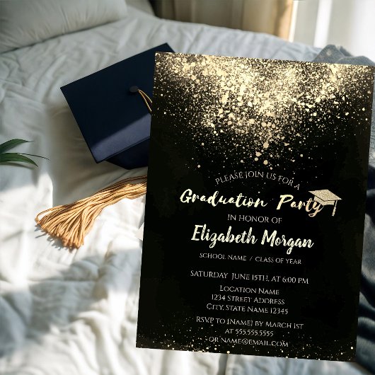 金ゴールドグリッターキャップ、紙吹雪卒業パーティー 招待状