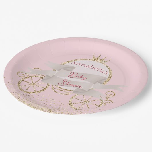 金ゴールドグリッターキャリッジおとぎ話ベビーシャワー ペーパープレート (アングル)