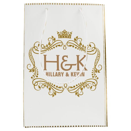 金ゴールドグリッタークラウンおよびフローラフレーム ミディアムペーパーバッグ (正面)