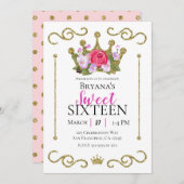 金ゴールドグリッタークラウンフローラドットスウィート16パーティー 招待状 (正面/裏面)