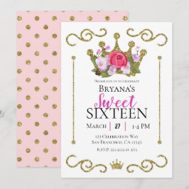 金ゴールドグリッタークラウンフローラドットスウィート16パーティー 招待状