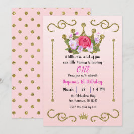 金ゴールドグリッタークラウンフローラドットピンク1st誕生日 招待状