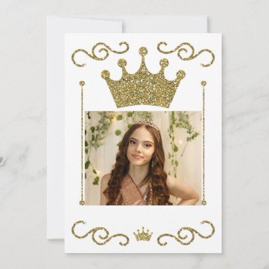 金ゴールドグリッタークラウンフローラフォトキンセニェラパーティー 招待状 (裏面)