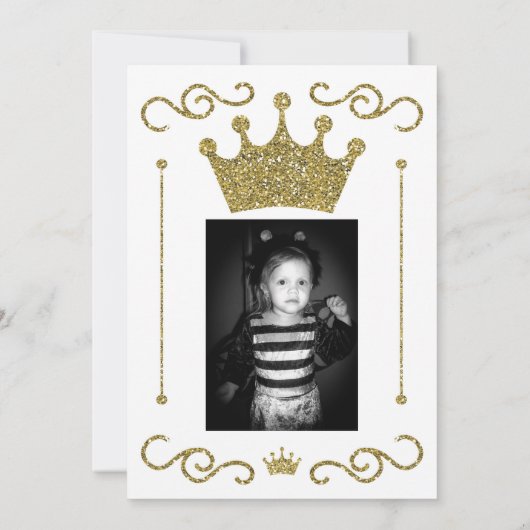 金ゴールドグリッタークラウンフローラ写真1st誕生日パーティー 招待状 (裏面)