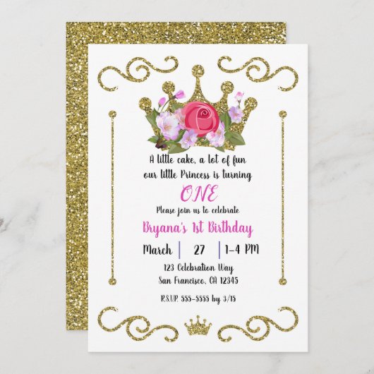 金ゴールドグリッタークラウンフローラ1 ONE 1歳の誕生日パーティー 招待状 (正面/裏面)