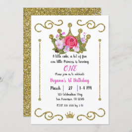 金ゴールドグリッタークラウンフローラ1 ONE 1歳の誕生日パーティー 招待状