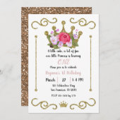 金ゴールドグリッタークラウンフローラ1 ONE 1歳の誕生日パーティー 招待状 (正面/裏面)