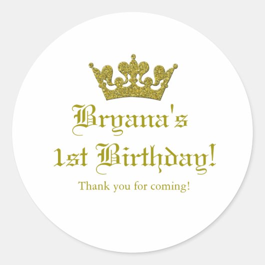 金ゴールドグリッタークラウン王室のプリンセスステッカーラベル ラウンドシール (正面)