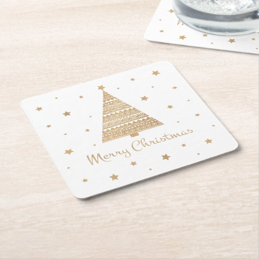 金ゴールドグリッタークリスマスツリースターメリークリスマス  スクエアペーパーコースター (アングル)