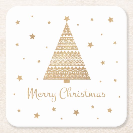 金ゴールドグリッタークリスマスツリースターメリークリスマス  スクエアペーパーコースター (正面)