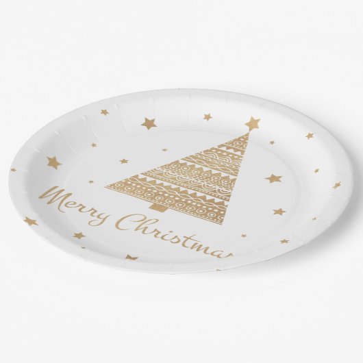 金ゴールドグリッタークリスマスツリースターメリークリスマス ペーパープレート (アングル)