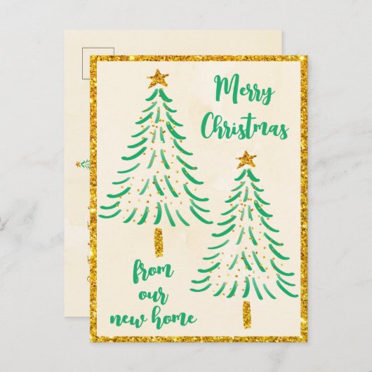 金ゴールドグリッタークリスマスツリーホリデイ引っ越しました 案内ポストカード (正面/裏面)