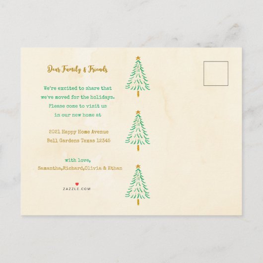 金ゴールドグリッタークリスマスツリーホリデイ引っ越しました 案内ポストカード (裏面)