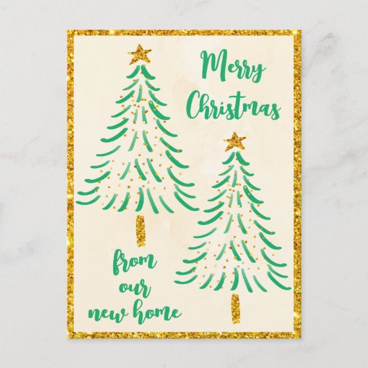金ゴールドグリッタークリスマスツリーホリデイ引っ越しました 案内ポストカード (正面)