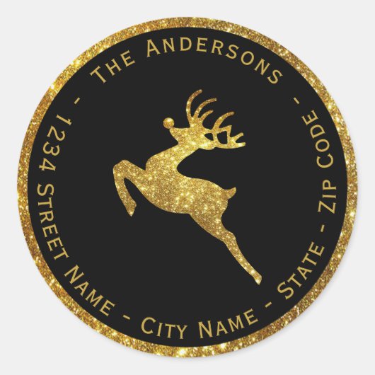 金ゴールドグリッタークリスマスディアー差出人住所ラベル ラウンドシール (正面)