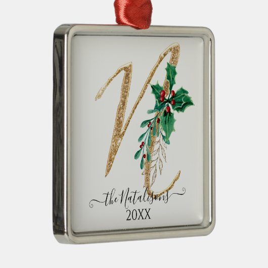 金ゴールドグリッタークリスマスホリーブロージングモノグラムN メタルオーナメント (右)