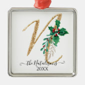 金ゴールドグリッタークリスマスホリーブロージングモノグラムN メタルオーナメント (正面)