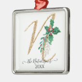 金ゴールドグリッタークリスマスホリーブロージングモノグラムN メタルオーナメント (左)