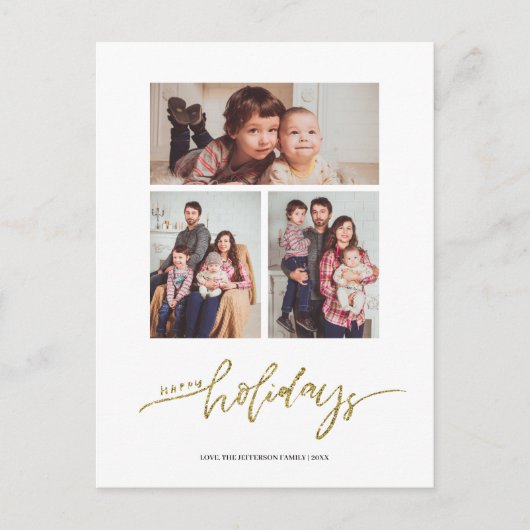 金ゴールドグリッタークリスマス3フォトコラージュホリデイ ポストカード (正面)