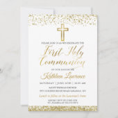 金ゴールドグリッタークロススクリプトファースト聖餐式 招待状 (正面)