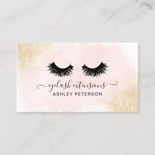 金ゴールドグリッターグラデーションピンクのブラシストロークシックまつげ 名刺 (正面)