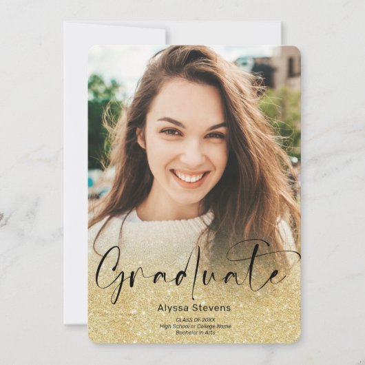 金ゴールドグリッターグラデーション脚本4枚の写真の卒業 案内状 (正面)