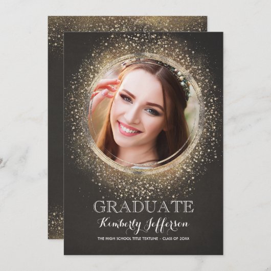 金ゴールドグリッターグラマーモダン卒業写真 招待状 (正面/裏面)