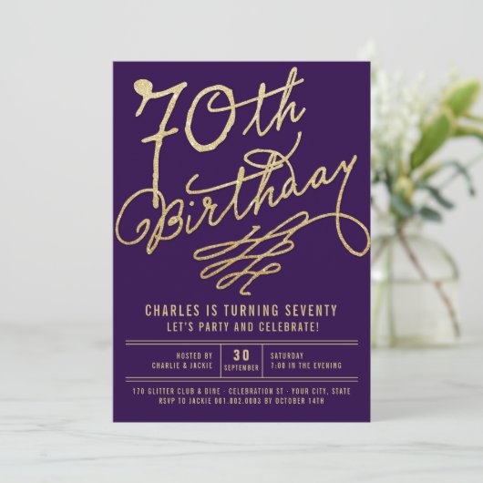 金ゴールドグリッターグラムアダルト70thバースデーパーティー招待状 招待状 (スタンド正面)