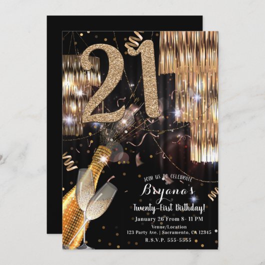 金ゴールドグリッターグラムシャンパンワイン21st 21誕生日 招待状 (正面/裏面)