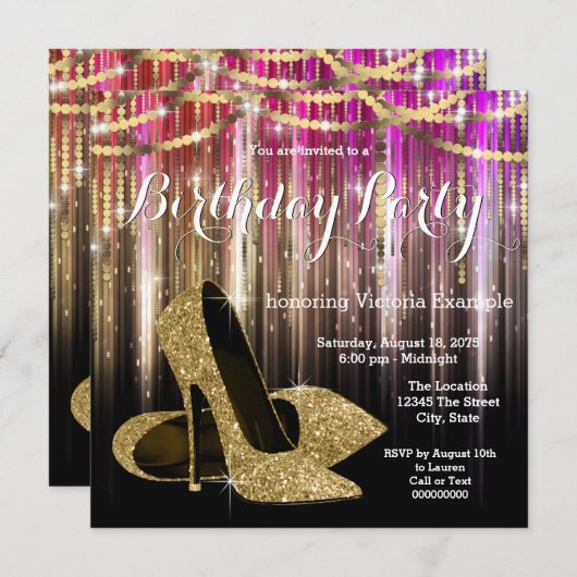 金ゴールドグリッターグラムハイヒールシューバースデーパーティー 招待状 (正面/裏面)