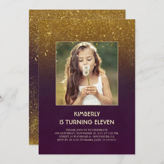 金ゴールドグリッターグラムヴィンテージフォト誕生日 招待状 (正面/裏面)