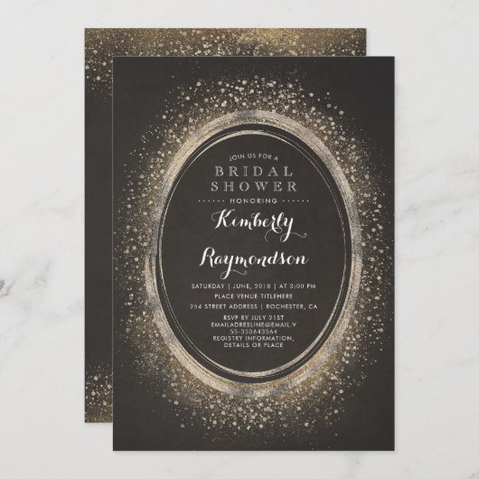 金ゴールドグリッターグラム |エレガントヴィンテージブライダルシャワー 招待状 (正面/裏面)