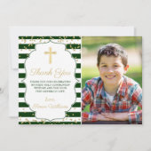 金ゴールドグリッターグリーンストライプのファーストコミュニオンフォト サンキューカード (正面)